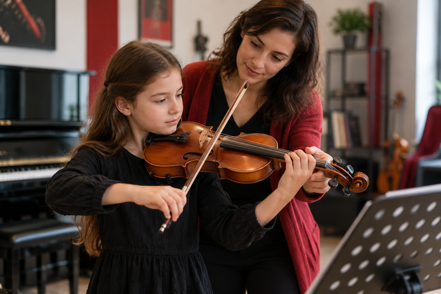 Profesora enseñando violín a una alumna